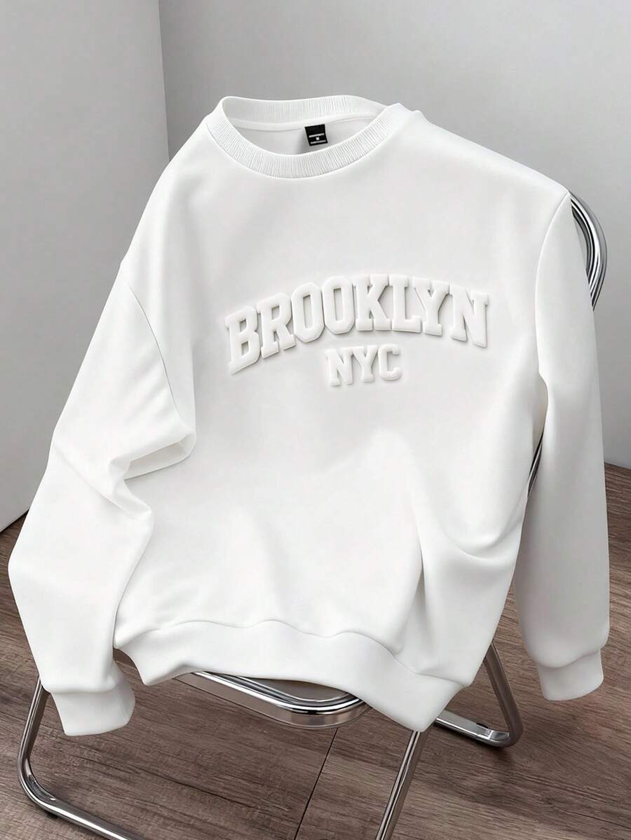 Daypath White Oversized Men's 3D Embossed Slogan Graphic Loose Fit Thick Pullover Sweatshirt, Suitable For Autumn/Winter, School, Outings, Friend Gifts White Sweatshirt - White - View 1