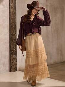 Wildy Women's Casual Country Style Ruffle Trim Long Sleeve Shirt, Basic Everyday Wear For Autumn/Winter Thanksgiving