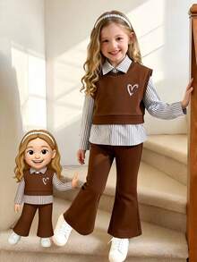 Kleine Mädchen 3 Stücke/Set Lässig Gestreiftes Hemd + Herz Muster Weste + Hose Outfit, Herbst/Winter
