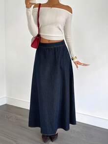 Siren Gaze 女士牛仔高腰长裙 冬季职场女性感恩节办公室性感风 - 深色水洗藍 - 查看 5