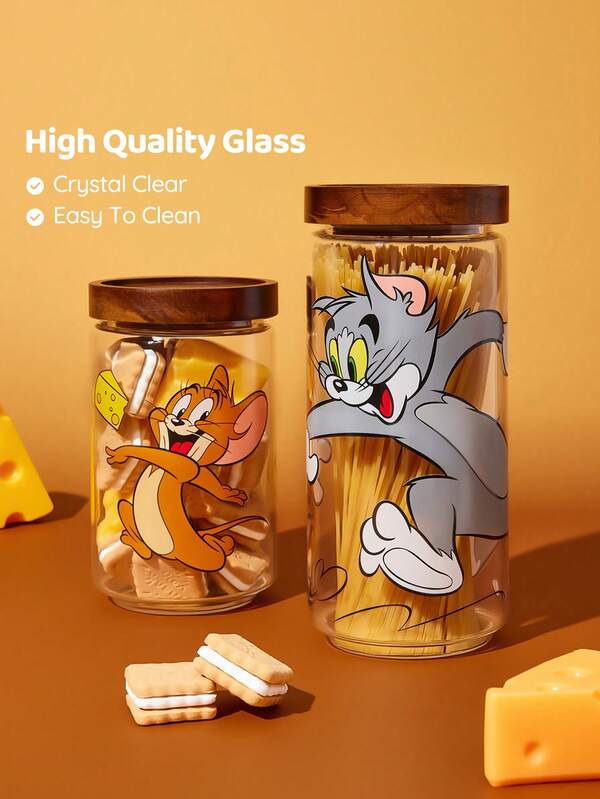 TOM & JERRY X SHEIN 1 pezzo Contenitore in vetro borosilicato con stampa a motivo cartoni animati, 750ml/25,4oz, 1000ml/33,8oz, due misure, adatto per diversi contenuti come pasta, cereali, spezie ecc. Si consiglia per conservare oggetti secchi, formaggi