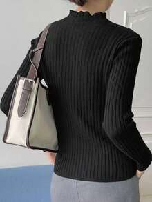 DAZY 女士纯色立领长袖休闲商务套头衫，秋冬 - 黑色 - 查看 5