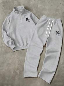 Claim Dot 男士纽约刺绣拉链领长袖休闲套头卫衣裤套装（2件套），秋季款 - 灰色 - 查看 4