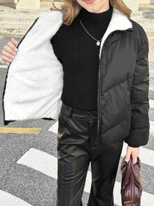 SHEIN معطف مبطن بياقة عالية مريح وعصري للفتيات المراهقات، بطول محصور وقصير، سهل الارتداء، مزود بسحاب، بتصميم بسيط وكاجوال للاستخدام اليومي، مُسمك للشتاء - الأسود - مشاهدة 11