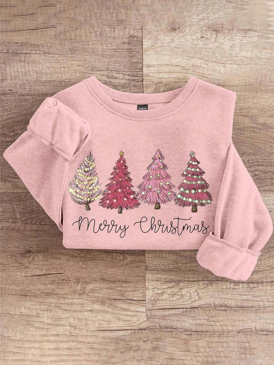INAWLY Áo nỉ cổ tròn rộng rãi in hình cây thông Noel cho người ngoại cỡ, mùa thu/đông - Hồng - Xem 1