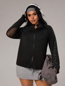 Rhythm Era Chaqueta deportiva de talla grande, parche de malla, manga larga con cremallera y agujero para el pulgar, chaqueta de mujer de estilo atlético de moda