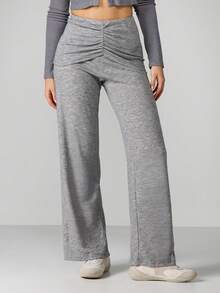 MISSGUIDED Women's High Rise Ruched Wide Leg Palazzo Pants With Gathered Front Detail For Lounge And Casual Wear - Light Grey - View 1
