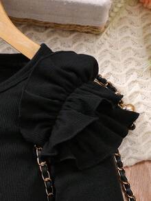 Tween Girl 荷叶边肩长袖上衣 + 短裙套装 - 綠色 - 查看 3