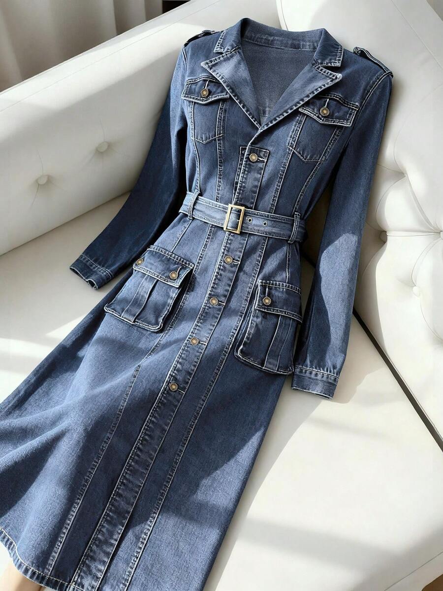 GlowEve 女式翻领长袖纽扣前开长牛仔连衣裙，时尚百搭街头服饰