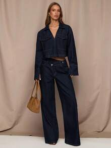 SHEIN BAE 女式翻领长袖实用口袋短款休闲牛仔夹克