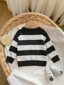 SHEIN Babygirl Casual Striped Long Sleeve Sweater, Versatile For Autumn/Winter - Black - View 2