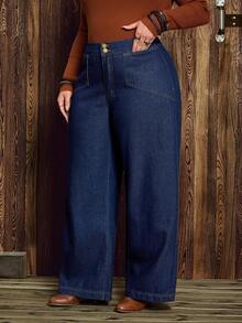 EMERY ROSE Plus Size Women's Solid Color Thermal Lined Washed Denim Jeans, Autumn/Winter - Dark Wash - View 4