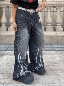 ROMWE MEN Street Life Men's Loose Fit Rhinestone Embellished Wide Leg Jeans - Black - View 6