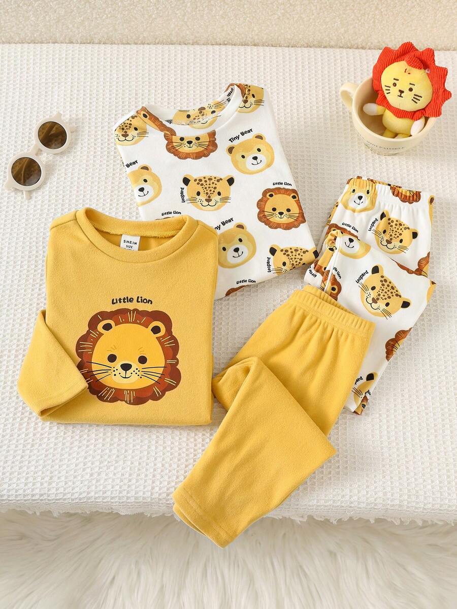 SHEIN 4 件套男婴卡通狮子印花休闲舒适圆领长袖 T 恤和睡裤套装，秋冬 - 彩色 - 查看 1