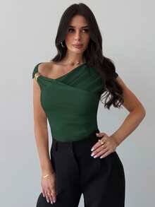 Firerie Women's Asymmetric Shoulder Wrap Ruched Waist Tight Fitting T-Shirt, Elegant Modest Daily Commute, Spring/Summer - Dark Green - View 3