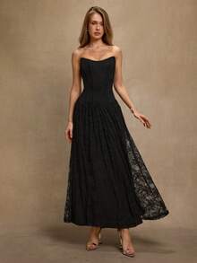 SHEIN BAE Schwarzes ärmelloses Spitzenkleid mit V-Ausschnitt, Taillenschlitz und Raffung für Damen, geeignet für Cocktailpartys, romantische Dates, Herbst-/Winterschichten, Zusammenkünfte, Partys, Nachtclubs, Halloween, Weihnachten - Schwarz - Übersicht 5