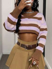 DAZY Áo len dài tay ngắn kẻ sọc nhiều màu sắc dành cho nữ Y2k - Màu Khaki - Xem 6