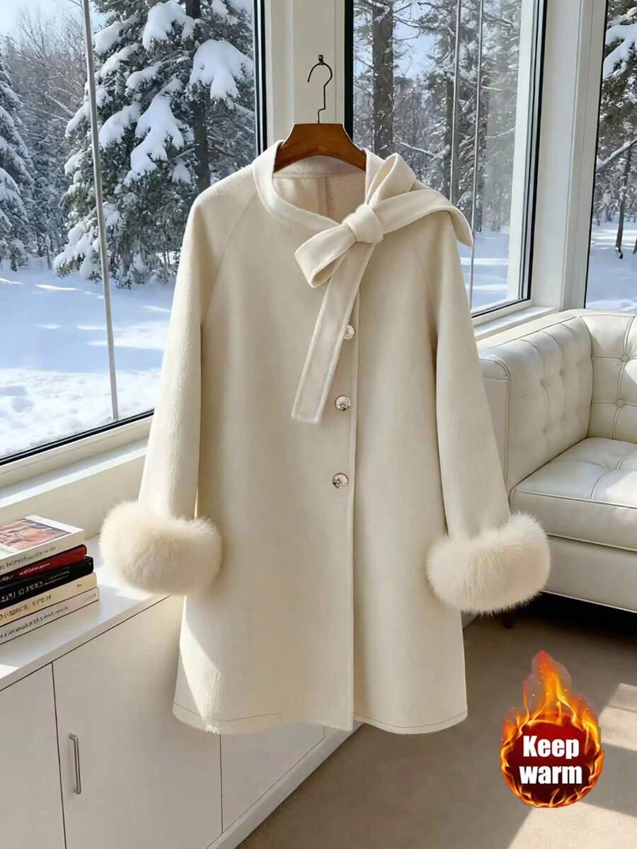 GlowEve Women's Solid Color Bow Collar Decorative Raglan Sleeve Elegant Overcoat, Autumn/Winter - Apricot - View 1