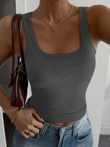 DAZY Women's Solid Color Ribbed Square Neck Casual Versatile Tank Top - Dark Grey - View 4