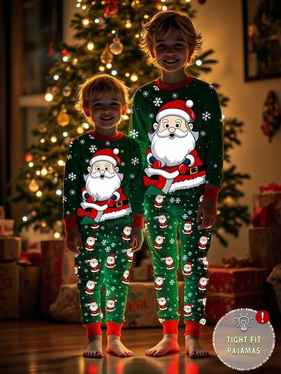 Tween Boy Christmas Glow-In-The-Dark Santa Claus Print Snug Fit Long Sleeve Top And Pants 2 Pieces Pajama Set