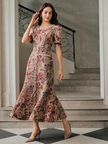 Anewsta Elegant Diamond Patchwork Floral Print Short Sleeve Round Neck Dress For Women, Suitable For Fall, Winter, Spring, New Year, Party, Wedding, Chic, Stylish, Formal, Work, Thanksgiving, Graduation, Christmas, Festival - Red Violet - View 1