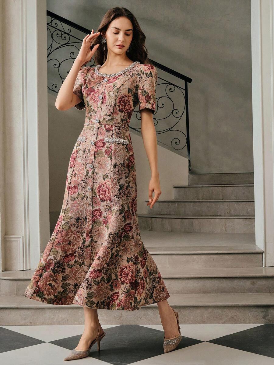 Anewsta Elegant Diamond Patchwork Floral Print Short Sleeve Round Neck Dress For Women, Suitable For Fall, Winter, Spring, New Year, Party, Wedding, Chic, Stylish, Formal, Work, Thanksgiving, Graduation, Christmas, Festival - Red Violet - View 1