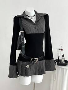 SHEIN PETITE 女士条纹二合一褶裥下摆连衣裙 - 黑色 - 查看 1
