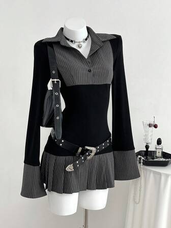 SHEIN PETITE 女士条纹二合一褶裥下摆连衣裙