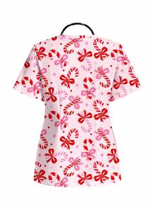 TaskEZ Christmas Casual Candy Cane Print Short Sleeve Scrub Uniform Top - Multicolor - View 3