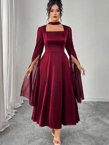 Elenzga Váy thắt eo bằng vải satin và chiffon cao cấp mới thanh lịch, cỡ lớn - Màu Đỏ Sâu - Xem 3