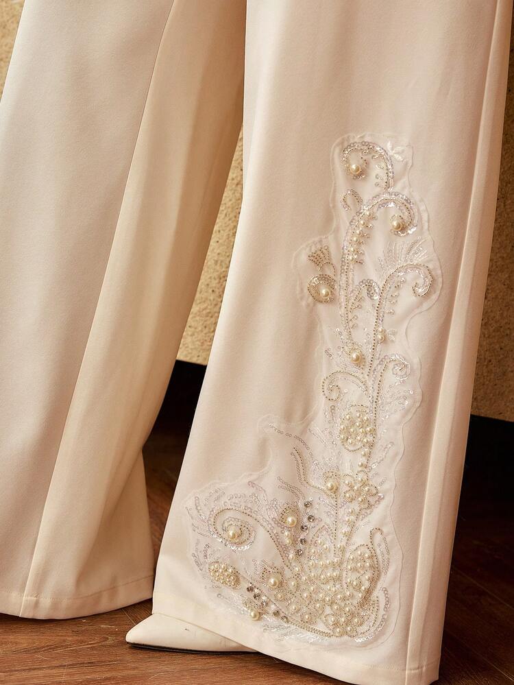 Conjunto de 2 piezas de camisa y pantalones de oficina para mujer de talla grande de primavera/otoño en unicolor con lentejuelas, bordados y abalorios