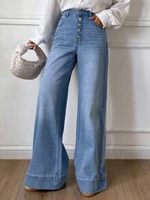 Dazy Tall 女式高腰直筒牛仔裤，纽扣设计，休闲都市风格 - 中等水洗藍 - 查看 4