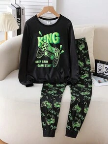 Tween Boy 黑色基础简约蓝色印花长袖舒适家居服套装 - 彩色 - 查看 3
