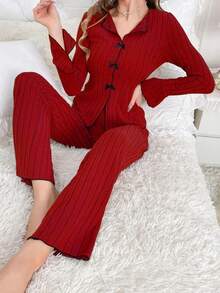 SHEIN Women's Casual Bow Decor Pajama Set Fall Winter Clothes - Burgundy - View 3