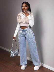 Slaydiva Women's Party Fashionable Commuter Rhinestone & Faux Pearl Decor Straight-Leg Jeans - Blue - View 7