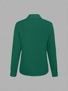 EMERY ROSE Women's Casual Dark Green Woven Fabric Shirt Collar Long Sleeve Button Detail Blouse - Dark Green - View 2