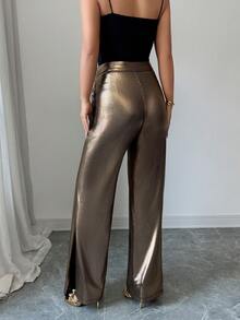 Chiquease Women's Fashionable Commuter Metallic Ribbon Straight Leg Pants Satin Pants Gold Pants - Bronze - View 2