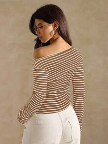 SHEIN BAE 女士休闲条纹不对称肩长袖T恤
