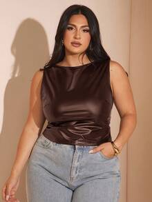 SHEIN BAE 女式夏季纯色 PU 皮革褶皱修身背心 - 咖啡棕 - 查看 7