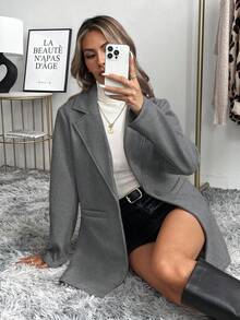 Easowa 杏色休闲简约工作制服，翻领长袖女式大衣，秋冬款 - 淺灰色 - 查看 6