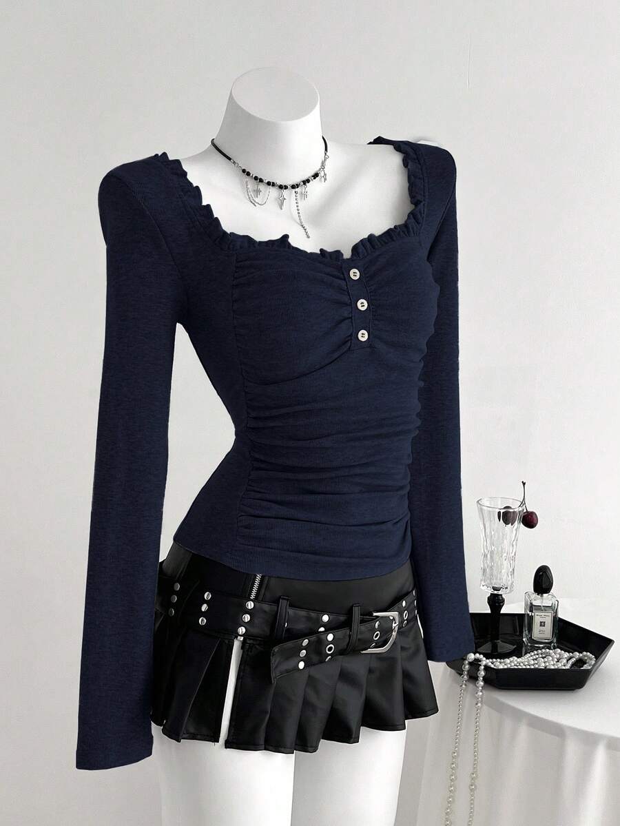 SHEIN Unity 女式休闲纯色褶皱方领 T 恤 - 藏蓝色 - 查看 1