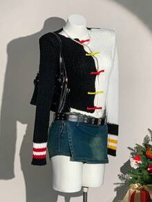 SHEIN Unity Cardigan court de style de rue pour femmes, patchwork noir et blanc avec boutons colorés en forme de grenouille, automne/hiver - Noir et Blanc - Voir 3