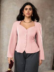 Roveilla Áo sơ mi trơn màu thanh lịch, thường ngày cỡ lớn dành cho nữ, cổ bẻ, cài nút phía trước, tay dài, kiểu dáng ngắn, thích hợp khi đi làm, đi nghỉ, tiệc trà chiều, tiệc Giáng sinh - Hồng - Xem 3