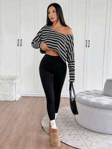 SHEIN PETITE Oversized Dropped Shoulder Striped Long Sleeve T-Shirt, Casual Loose Fit Cropped Striped Tee For Home Wear - Black and White - View 6