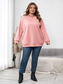 SHEIN CURVE+ 大码休闲绿色插肩袖运动衫，适合毕业典礼、返校、女教师装，秋冬