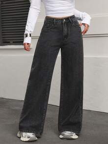 SHEIN PETITE 女式高腰口袋阔腿宽松休闲牛仔裤 - 灰色 - 查看 3