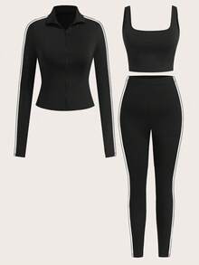 SHEIN EZwear Bộ 3 món: Áo khoác cổ sọc đen trắng, áo vest ôm vừa vặn và quần bó, trang phục thường ngày đa năng cỡ lớn, thu/đông - Đen và trắng - Xem 3