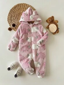 SHEIN 新生女宝宝可爱毛绒卡通图案连帽连体衣，秋冬季 - 粉色 - 查看 6