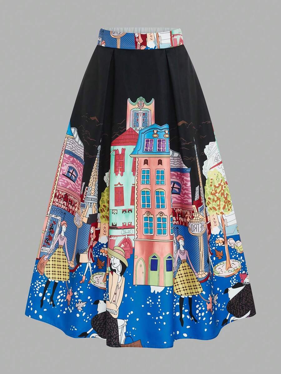 EMERY ROSE 大码时尚褶皱撞色创意印花半身裙 - 彩色 - 查看 1