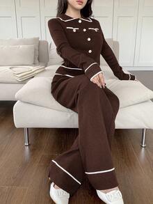 Feyla 2pcs Women Contrast Color Block Button Front Pocket Long Sleeve Top And Pants Set 2 Pieces Set In Fall/Winter - Coffee Brown - View 6